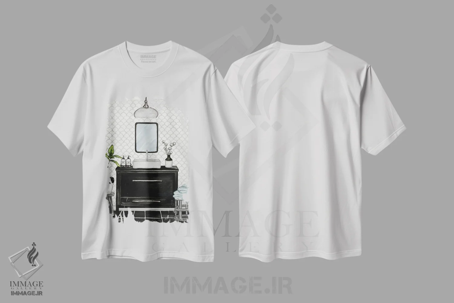 تیشرت سفید طرح دار حمام مدرن سیاه و سفید II، تزئینی اثر الیزابت مدلی | immage.ir