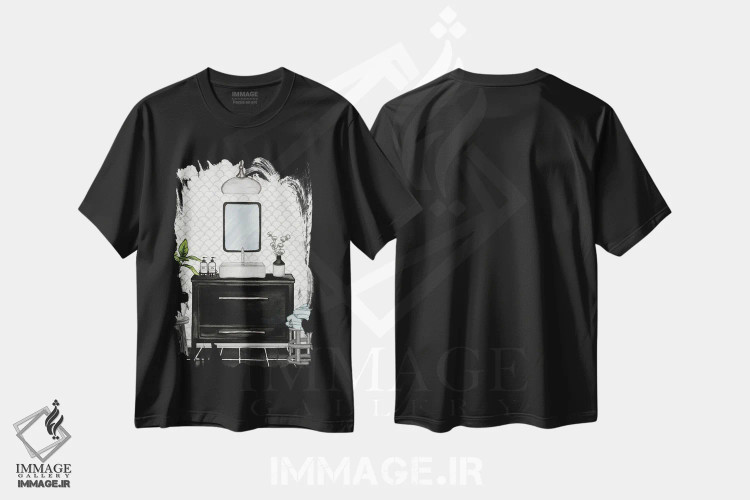 تیشرت مشکی طرح دار حمام مدرن سیاه و سفید II، تزئینی اثر الیزابت مدلی | فروشگاه ایماژ