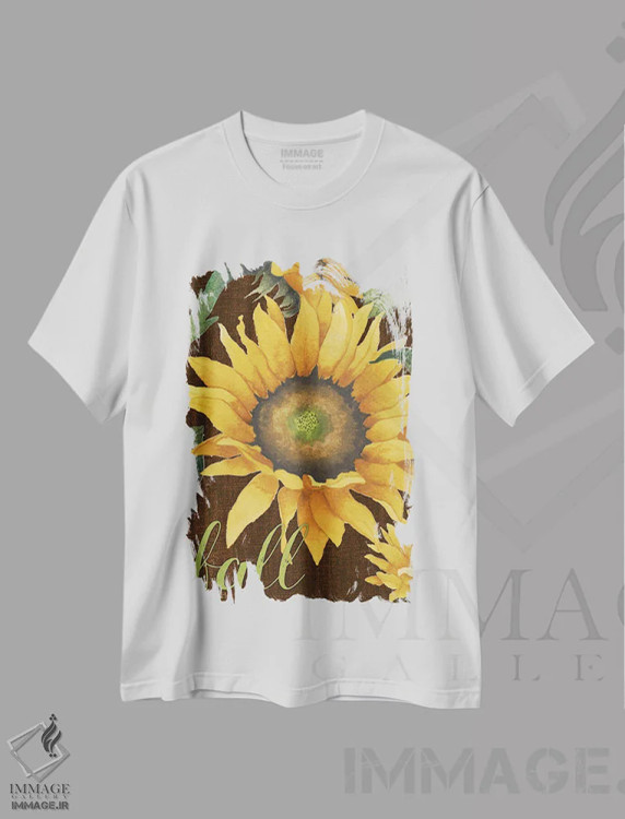 تیشرت سفید طرح دار آفتابگردان ها در پاییز، تزئینی اثر الیزابت مدلی | فروشگاه ایماژ