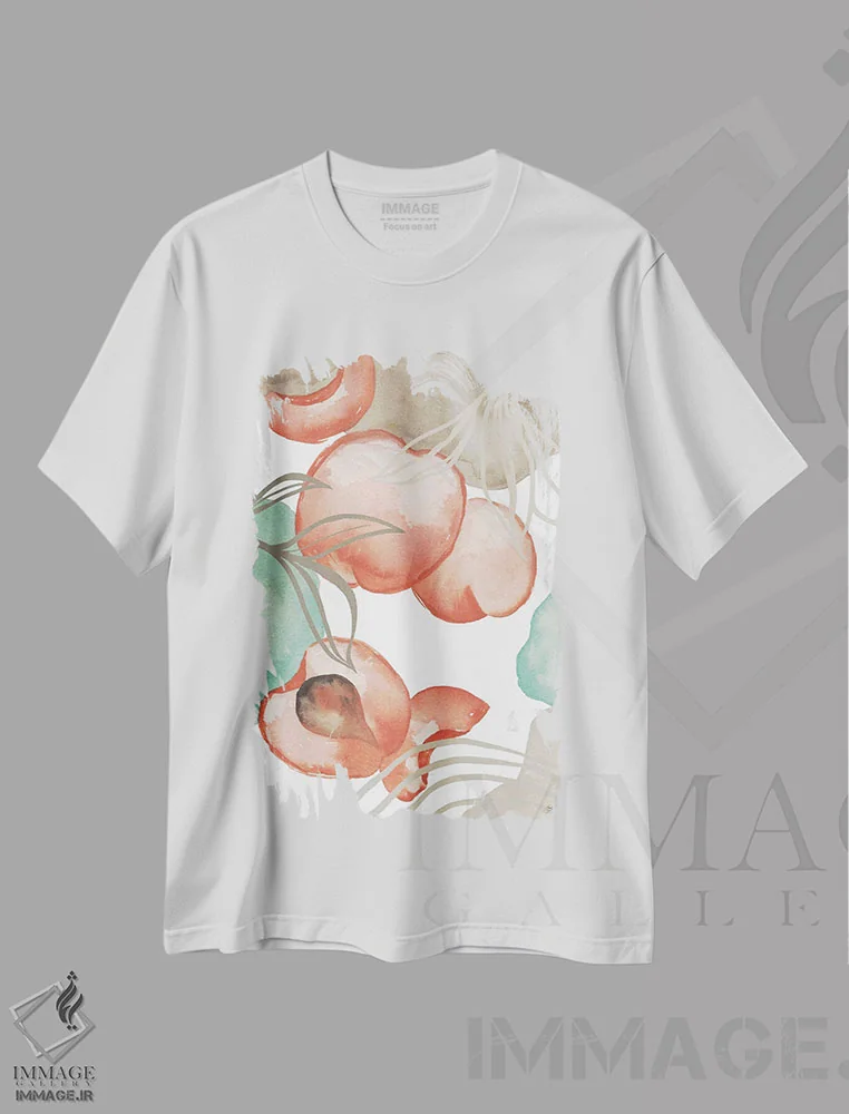 تیشرت سفید طرح دار آرت دکو هلویی، آرت دکو اثر الیزابت مدلی | immage.ir