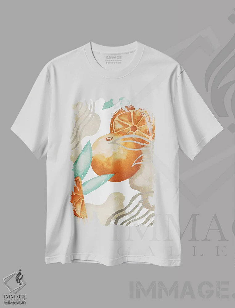 تیشرت سفید طرح دار آرت دکو نارنجی، آرت دکو اثر الیزابت مدلی | فروشگاه ایماژ