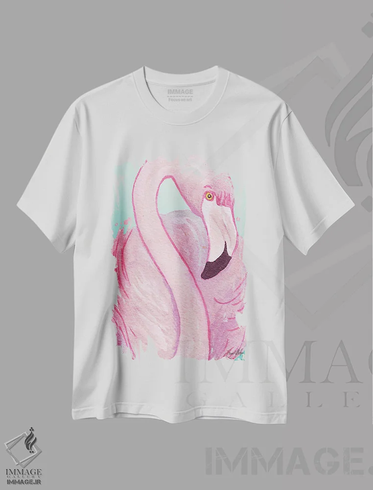 تیشرت سفید طرح دار پرتره فلامینگو، دکور بوهمی اثر الیزابت مدلی | فروشگاه ایماژ