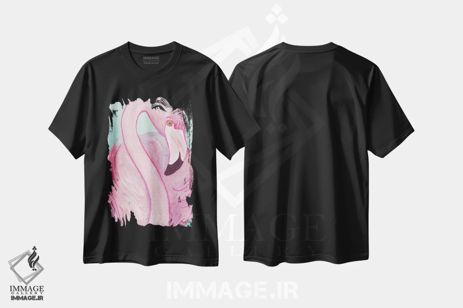تیشرت مشکی طرح دار پرتره فلامینگو، دکور بوهمی اثر الیزابت مدلی | immage.ir