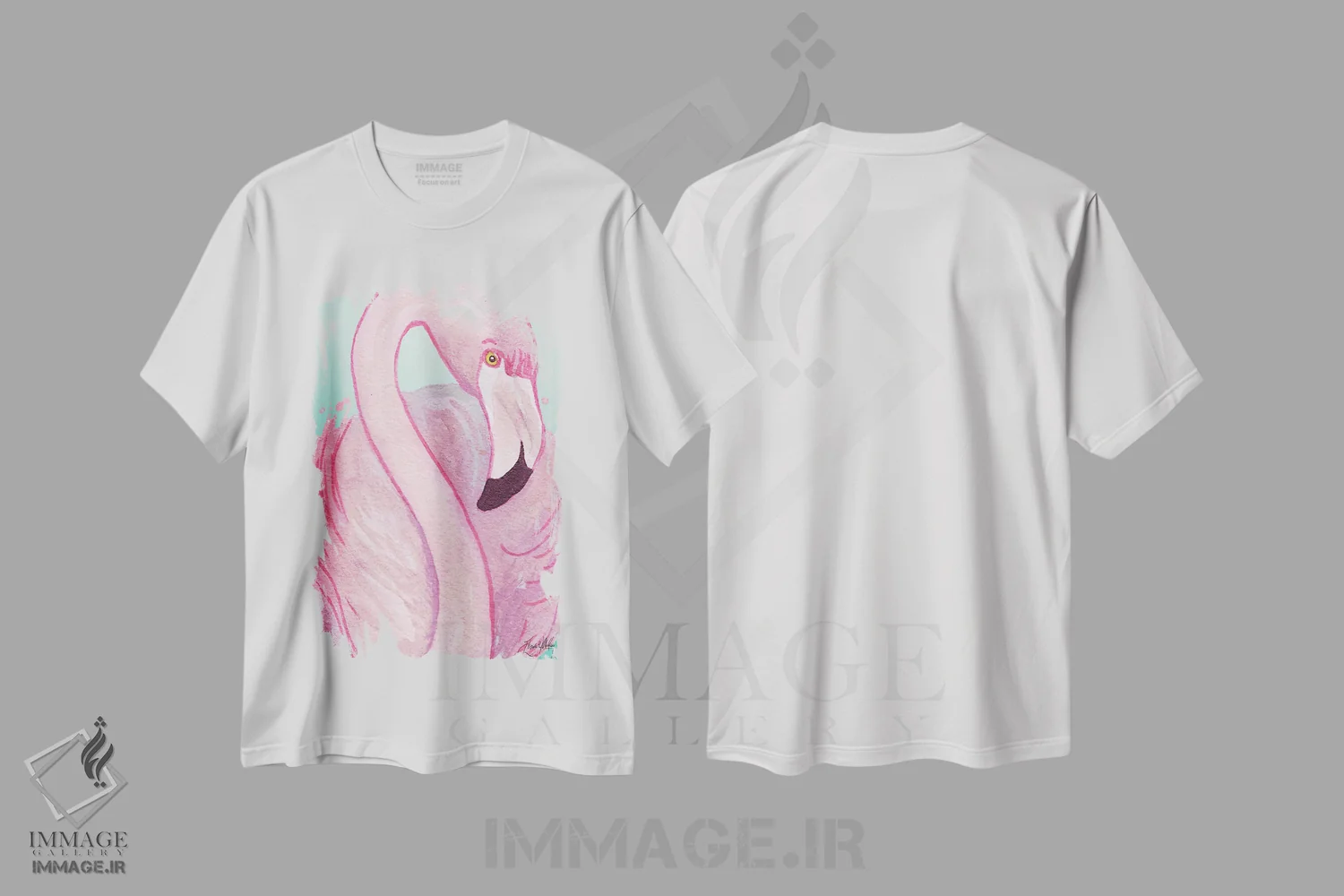 تیشرت سفید طرح دار پرتره فلامینگو، دکور بوهمی اثر الیزابت مدلی | فروشگاه ایماژ