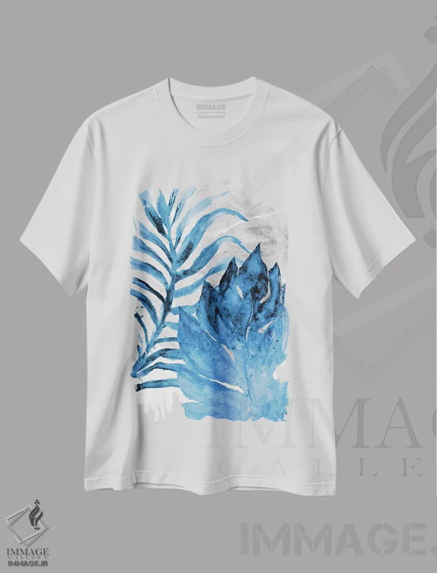 تیشرت سفید طرح دار سرخس و برگ آبی شمارهٔ یک، تزئینی اثر الیزابت مدلی | فروشگاه ایماژ