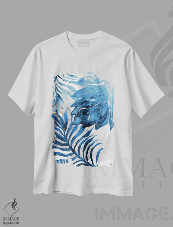 تیشرت سفید طرح دار سرخس و برگ آبی شمارهٔ دو، تزئینی اثر الیزابت مدلی | immage.ir