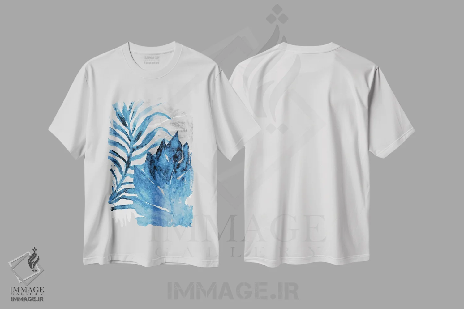 تیشرت سفید طرح دار سرخس و برگ آبی شمارهٔ یک، تزئینی اثر الیزابت مدلی | فروشگاه ایماژ