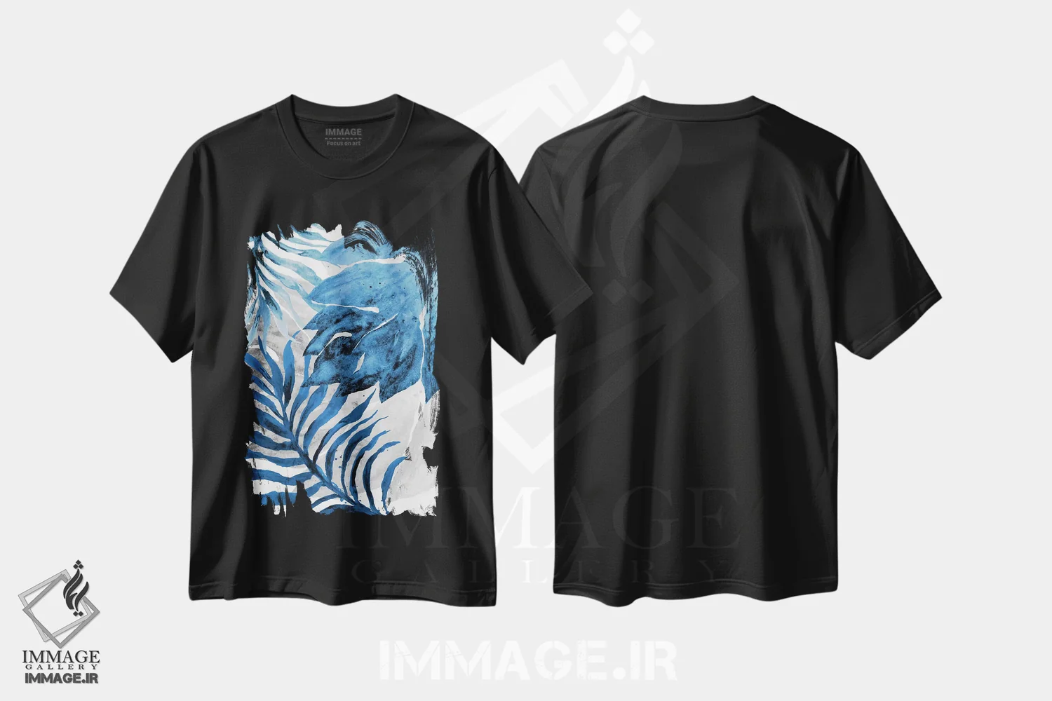 تیشرت مشکی طرح دار سرخس و برگ آبی شمارهٔ دو، تزئینی اثر الیزابت مدلی | فروشگاه ایماژ