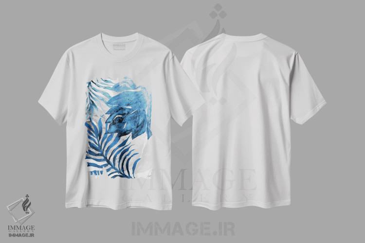 تیشرت سفید طرح دار سرخس و برگ آبی شمارهٔ دو، تزئینی اثر الیزابت مدلی | immage.ir