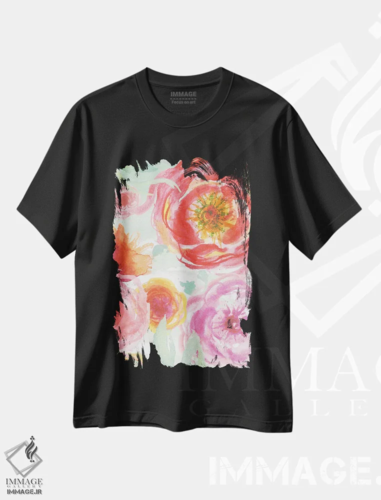 تیشرت مشکی طرح دار رزهای رنگارنگ شمارهٔ یک، تزئینی اثر الیزابت مدلی | immage.ir