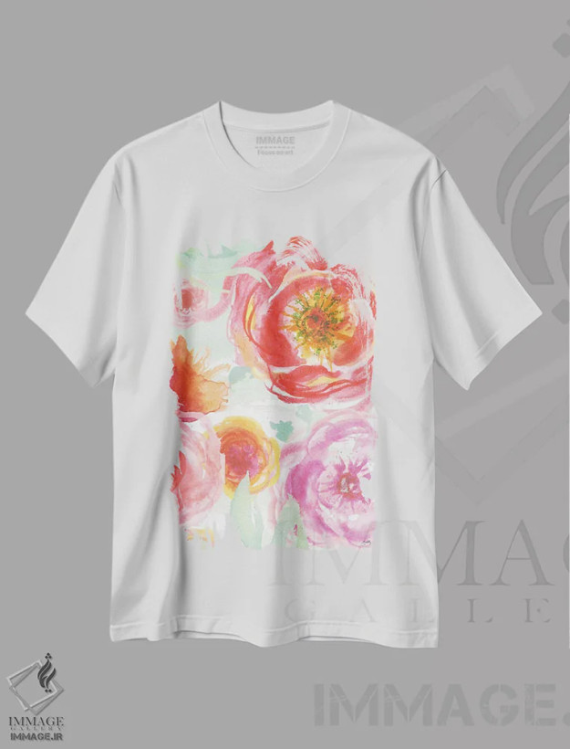 تیشرت سفید طرح دار رزهای رنگارنگ شمارهٔ یک، تزئینی اثر الیزابت مدلی | فروشگاه ایماژ