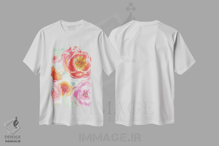 تیشرت سفید طرح دار رزهای رنگارنگ شمارهٔ یک، تزئینی اثر الیزابت مدلی | فروشگاه ایماژ