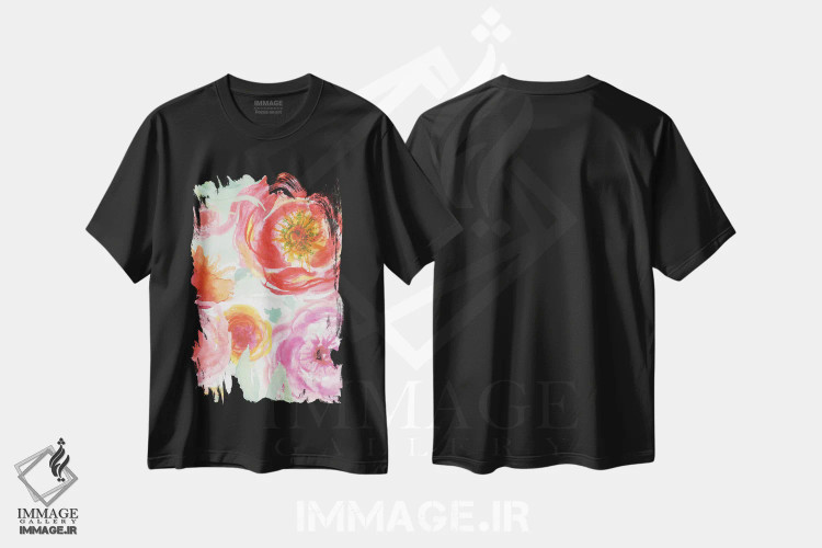 تیشرت مشکی طرح دار رزهای رنگارنگ شمارهٔ یک، تزئینی اثر الیزابت مدلی | immage.ir
