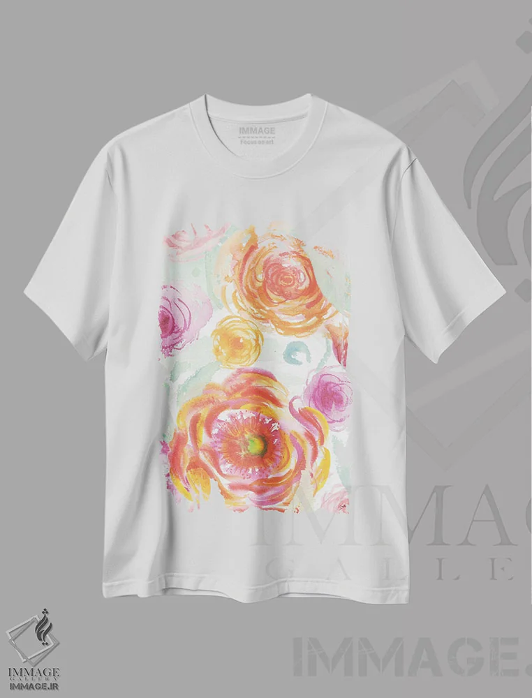 تیشرت سفید طرح دار رزهای رنگارنگ شمارهٔ دو، تزئینی اثر الیزابت مدلی | immage.ir