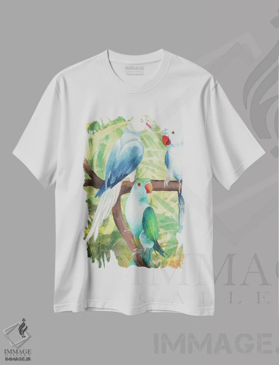 تیشرت سفید طرح دار پرندگان گرمسیری شمارهٔ یک، تزئینی اثر الیزابت مدلی | فروشگاه ایماژ