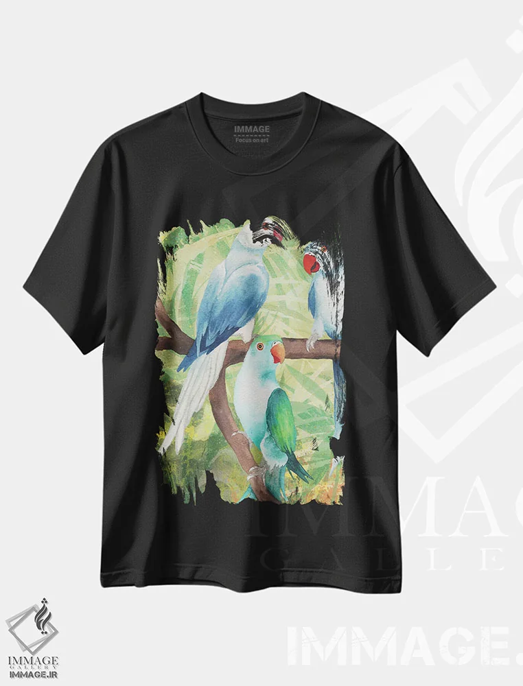 تیشرت مشکی طرح دار پرندگان گرمسیری شمارهٔ یک، تزئینی اثر الیزابت مدلی | immage.ir