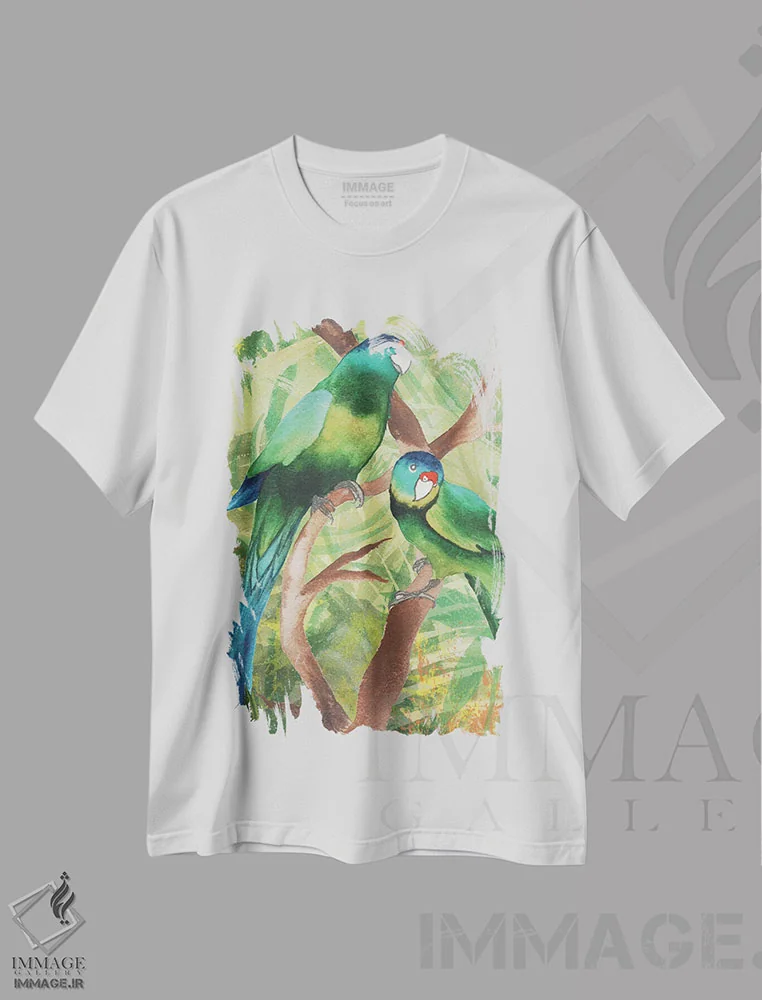 تیشرت سفید طرح دار پرندگان گرمسیری شمارهٔ دو، تزئینی اثر الیزابت مدلی | immage.ir