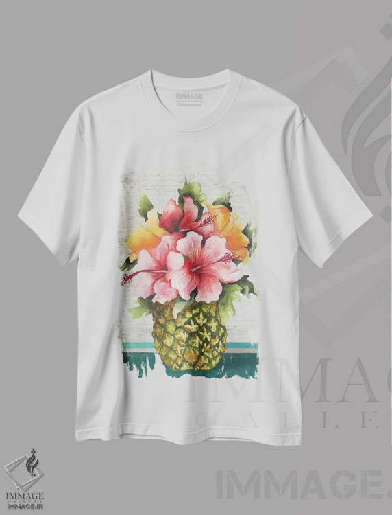 تیشرت سفید طرح دار دسته گل گرمسیری، تزئینی اثر الیزابت مدلی | فروشگاه ایماژ