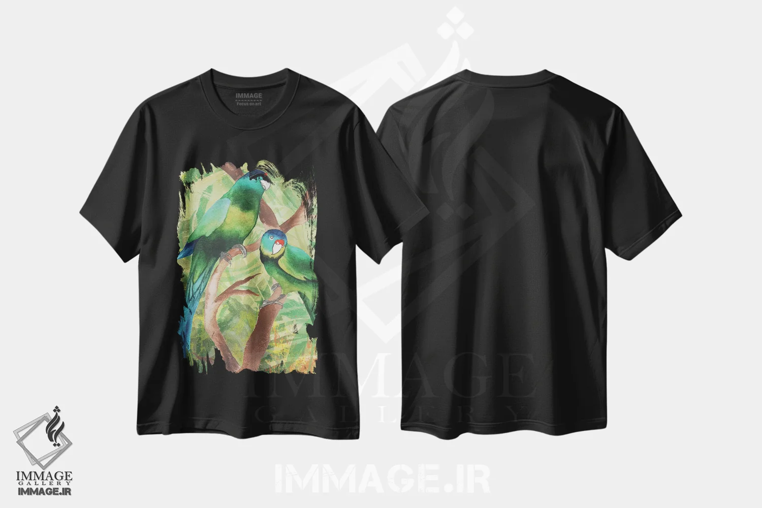 تیشرت مشکی طرح دار پرندگان گرمسیری شمارهٔ دو، تزئینی اثر الیزابت مدلی | فروشگاه ایماژ