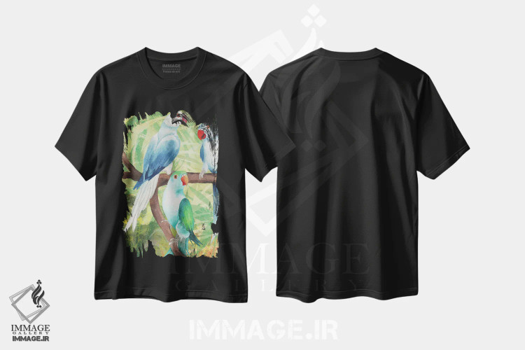 تیشرت مشکی طرح دار پرندگان گرمسیری شمارهٔ یک، تزئینی اثر الیزابت مدلی | immage.ir