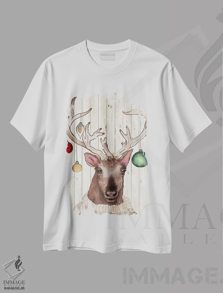 تیشرت سفید طرح دار گوزن شمالی کریسمسی دو، حیوانات کریسمسی اثر الیزابت مدلی | فروشگاه ایماژ