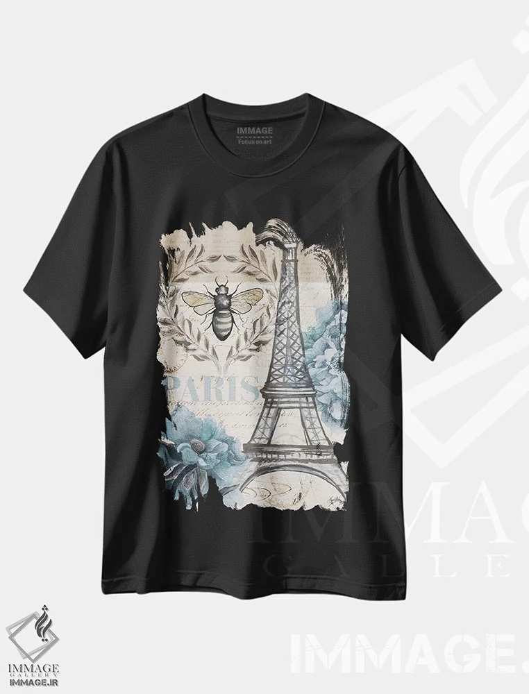تیشرت مشکی طرح دار زنبور پاریس یک، تزئینی اثر الیزابت مدلی | فروشگاه ایماژ