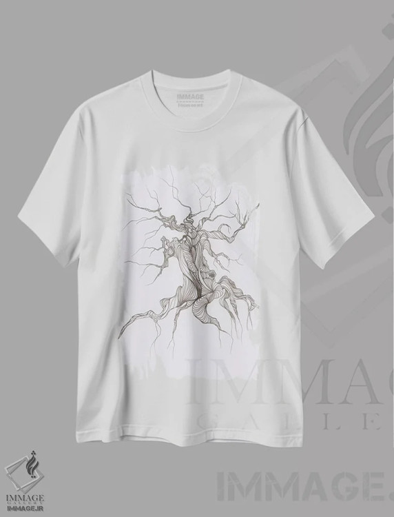 تیشرت سفید طرح دار درخت پرگره، دکور معاصر اثر امیلی ماگون | فروشگاه ایماژ