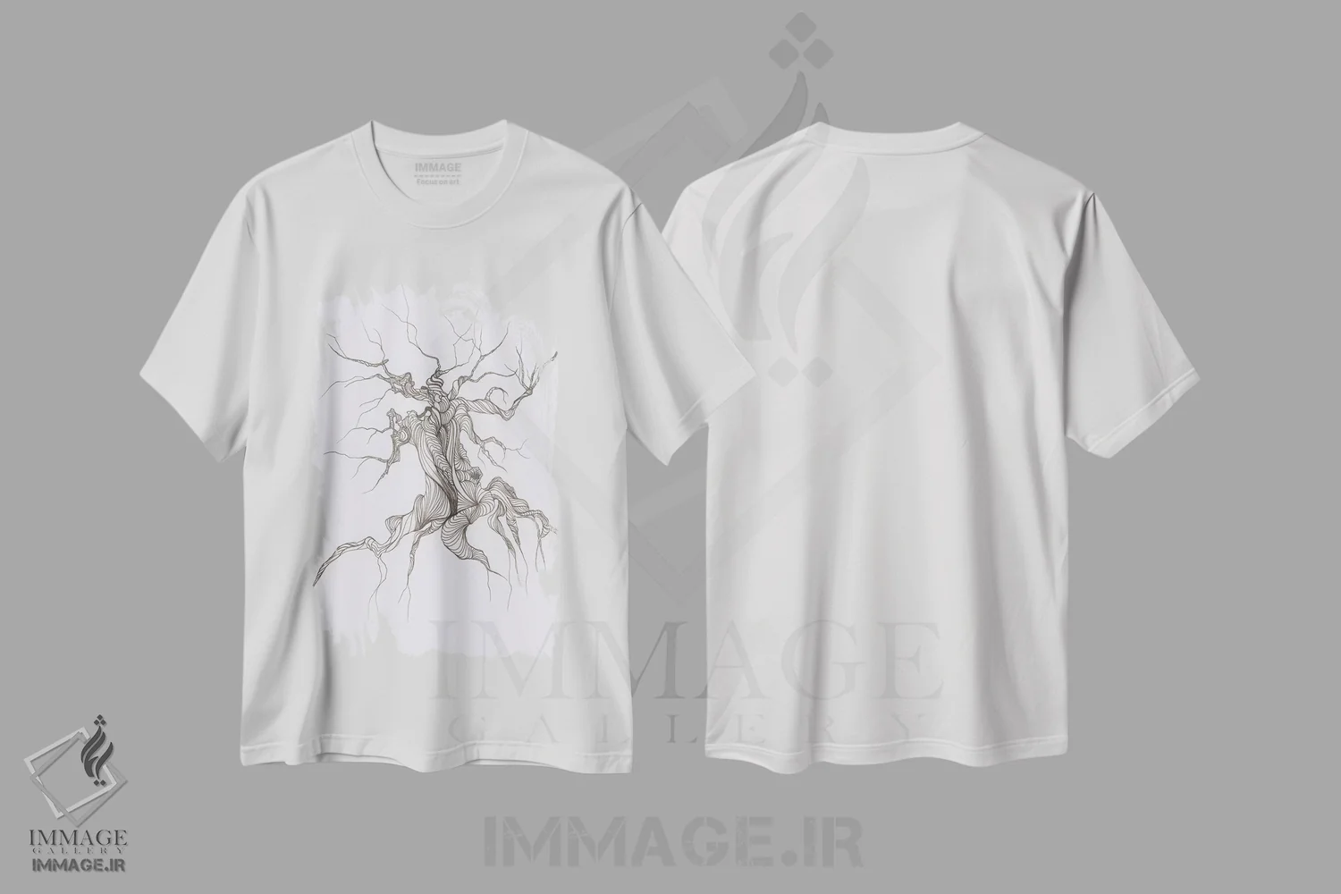 تیشرت سفید طرح دار درخت پرگره، دکور معاصر اثر امیلی ماگون | فروشگاه ایماژ