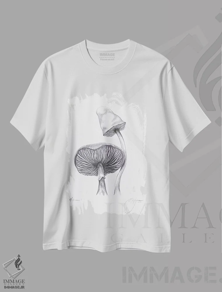 تیشرت سفید طرح دار قارچ ها یک، دکور معاصر اثر امیلی ماگون | فروشگاه ایماژ