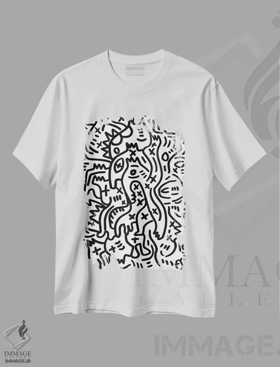تیشرت سفید طرح دار موجودات گرافیتی سیاه و سفید اثر امانوئل سیگنورینو | فروشگاه ایماژ