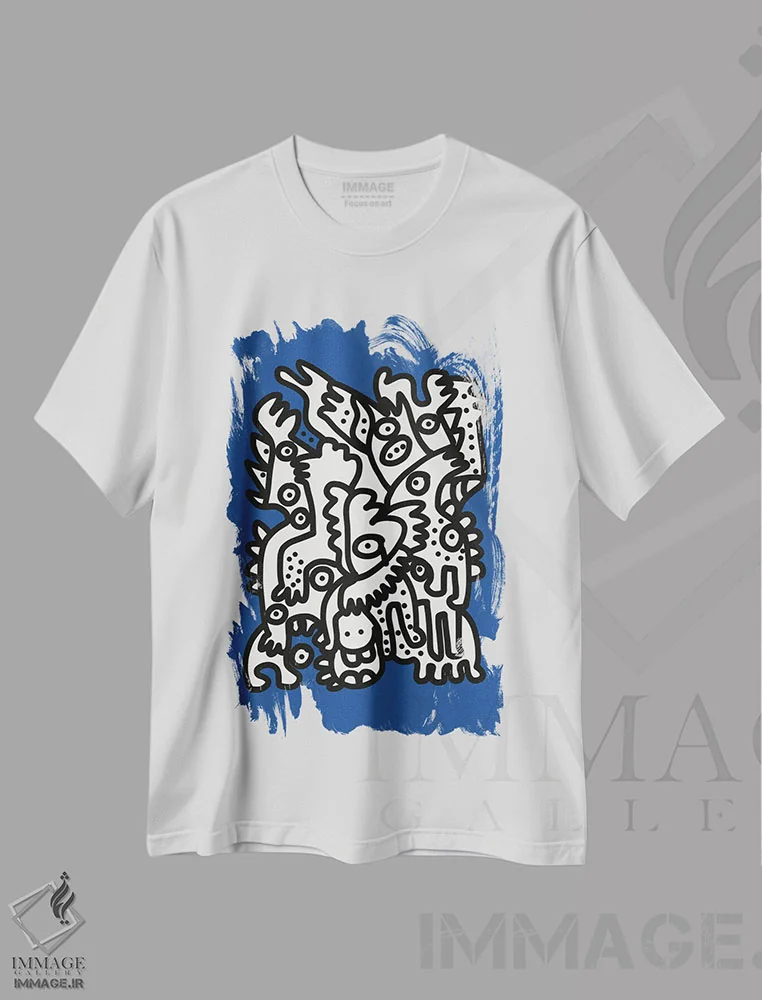 تیشرت سفید طرح دار موجودات گرافیتی آبی دریایی خوشحال هستند، تزئینی اثر امانوئل سیگنورینو | immage.ir
