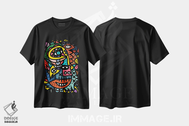 تیشرت مشکی طرح دار چهره های گرافیتی خندان اثر امانوئل سیگنورینو | immage.ir