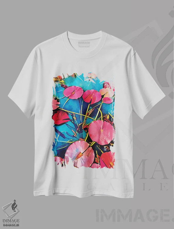 تیشرت سفید طرح دار شکوفایی زنبق های پاپ، هنر دیجیتال اثر امانوئل سیگنورینو | فروشگاه ایماژ