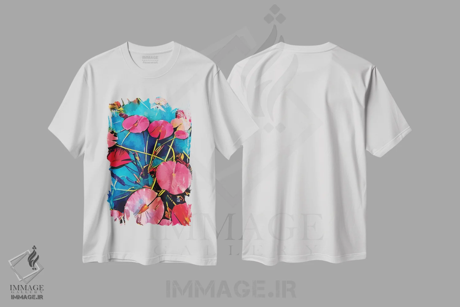 تیشرت سفید طرح دار شکوفایی زنبق های پاپ، هنر دیجیتال اثر امانوئل سیگنورینو | فروشگاه ایماژ