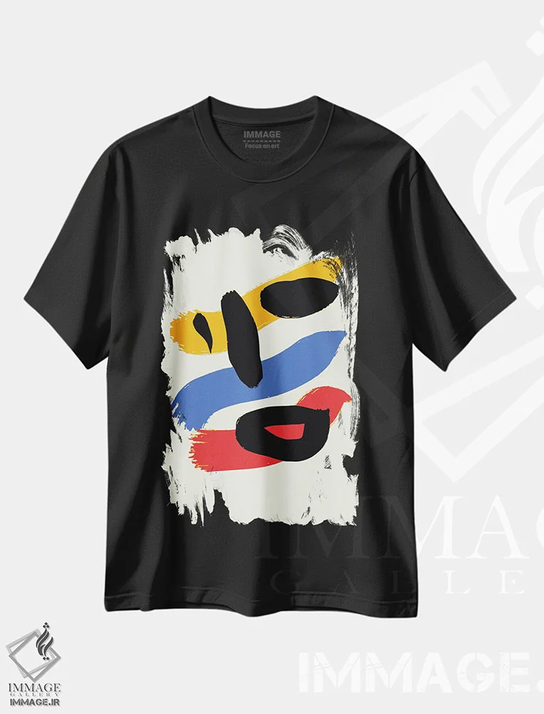 تیشرت مشکی طرح دار پرتره کمینه زرد آبی قرمز اثر امانوئل سیگنورینو | immage.ir