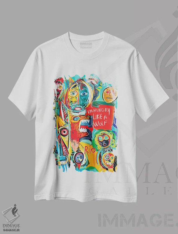 تیشرت سفید طرح دار گرسنه ام مثل یک گرگ، هنر دیجیتال اثر امانوئل سیگنورینو | immage.ir