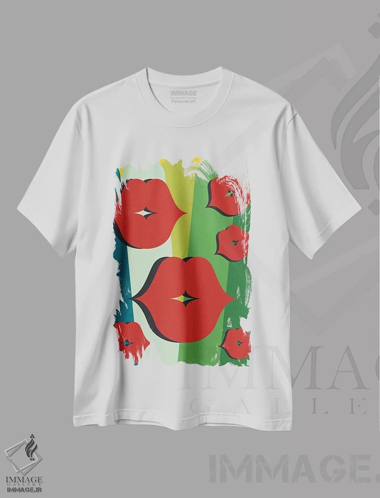تیشرت سفید طرح دار لب های قرمز خوشحال، تزئینی اثر امانوئل سیگنورینو | فروشگاه ایماژ