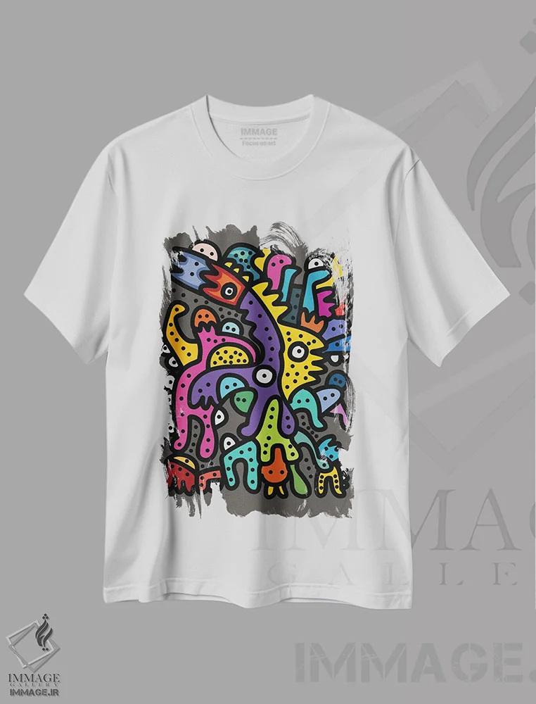 تیشرت سفید طرح دار هیولاهای خفن در حال خوش گذرانی هستند، هنر دیجیتال اثر امانوئل سیگنورینو | فروشگاه ایماژ