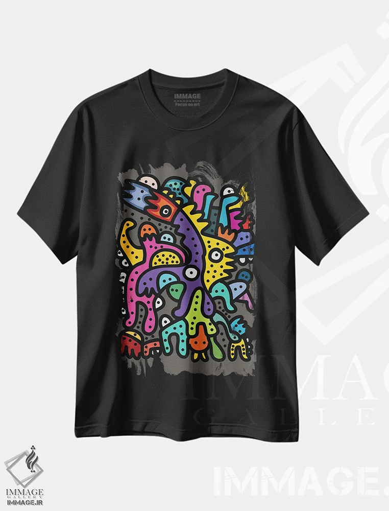 تیشرت مشکی طرح دار هیولاهای خفن در حال خوش گذرانی هستند، هنر دیجیتال اثر امانوئل سیگنورینو | immage.ir