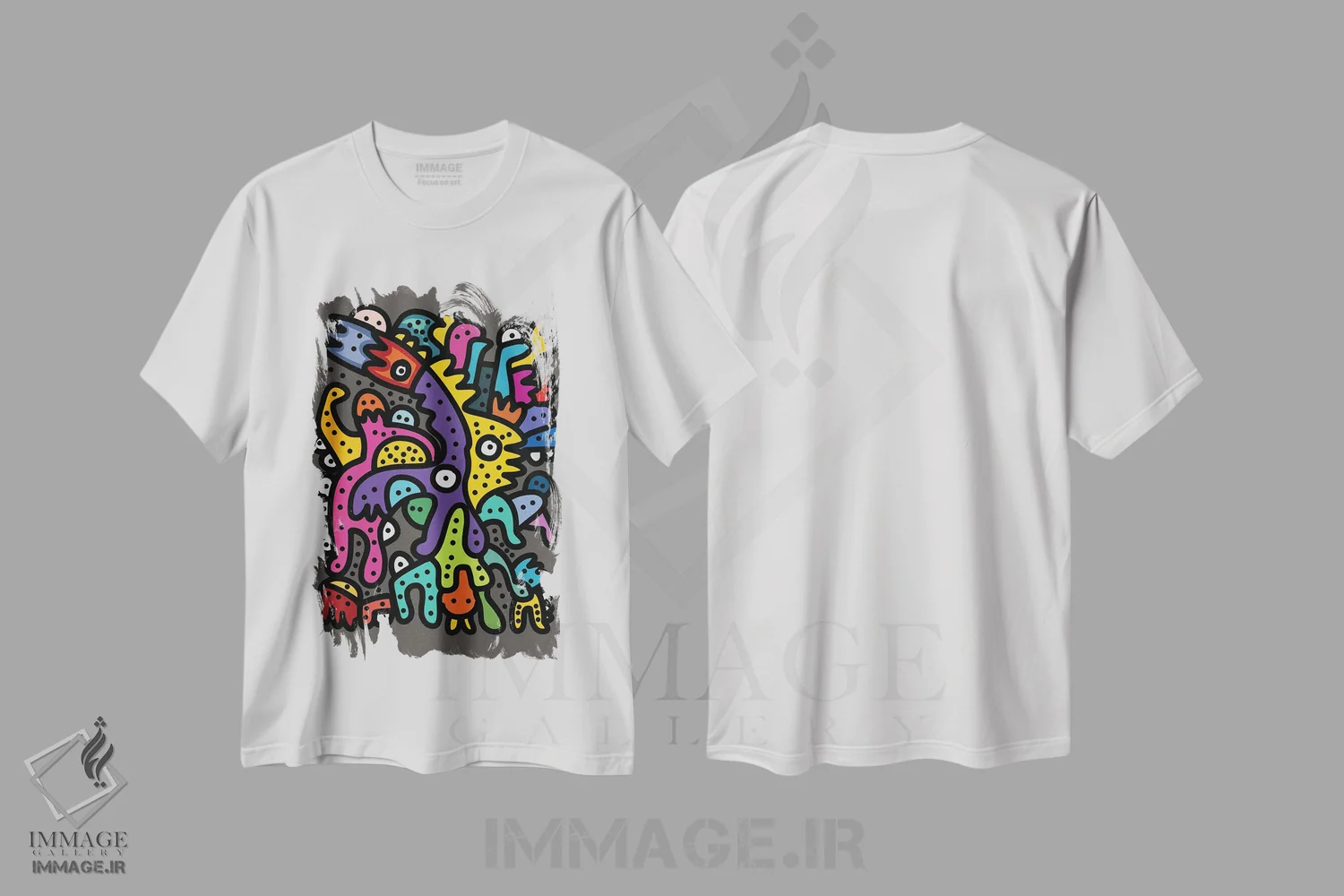 تیشرت سفید طرح دار هیولاهای خفن در حال خوش گذرانی هستند، هنر دیجیتال اثر امانوئل سیگنورینو | فروشگاه ایماژ