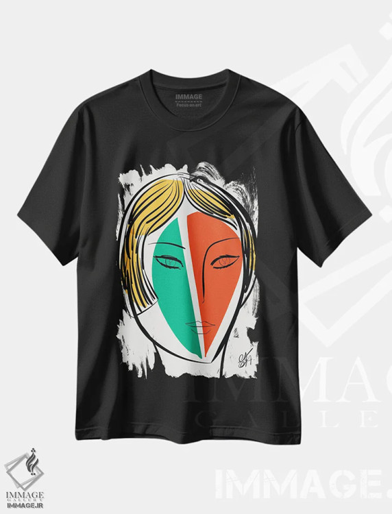 تیشرت مشکی طرح دار دختر سبز و نارنجی، تزئینی اثر امانوئل سیگنورینو | فروشگاه ایماژ