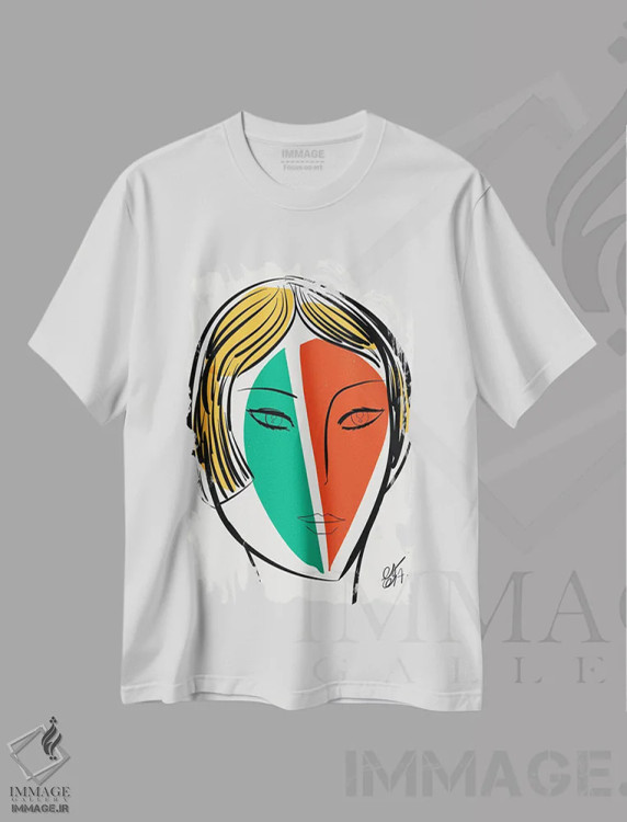 تیشرت سفید طرح دار دختر سبز و نارنجی، تزئینی اثر امانوئل سیگنورینو | immage.ir