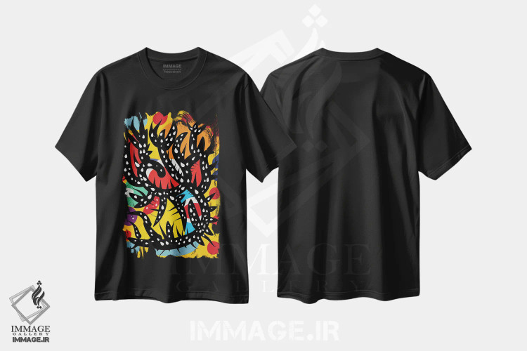 تیشرت مشکی طرح دار نارنجی آنگاه شب در جنگل سیاه اثر امانوئل سیگنورینو | فروشگاه ایماژ