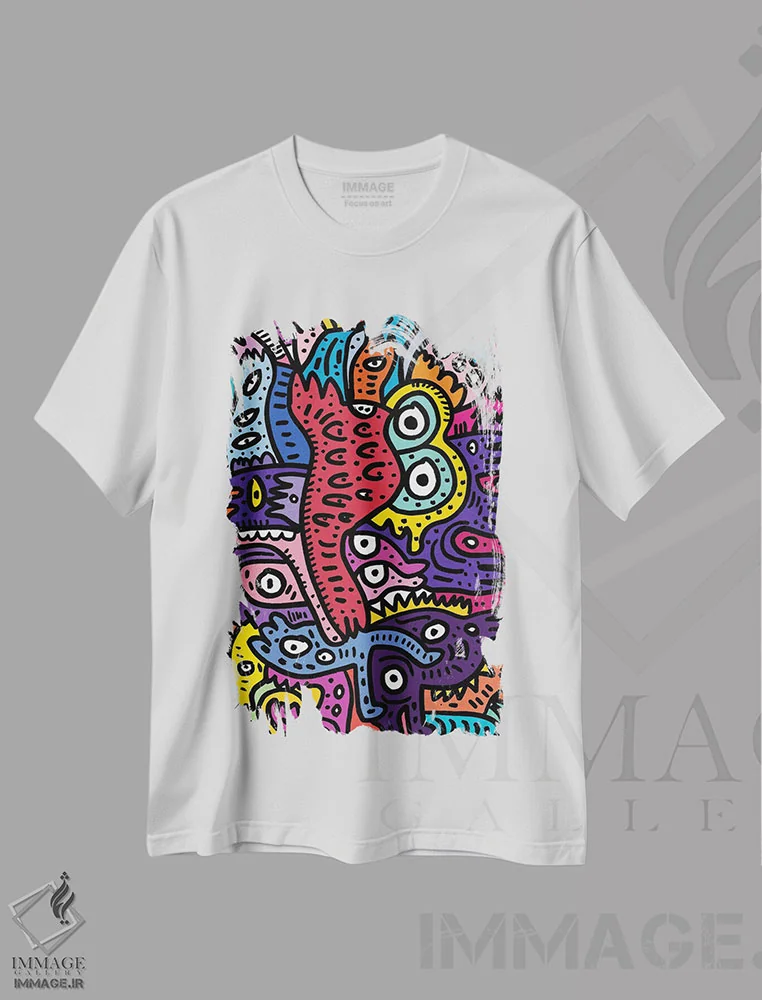 تیشرت سفید طرح دار هیولاهای تابستانی گرافیتی، هنر دیجیتال اثر امانوئل سیگنورینو | فروشگاه ایماژ