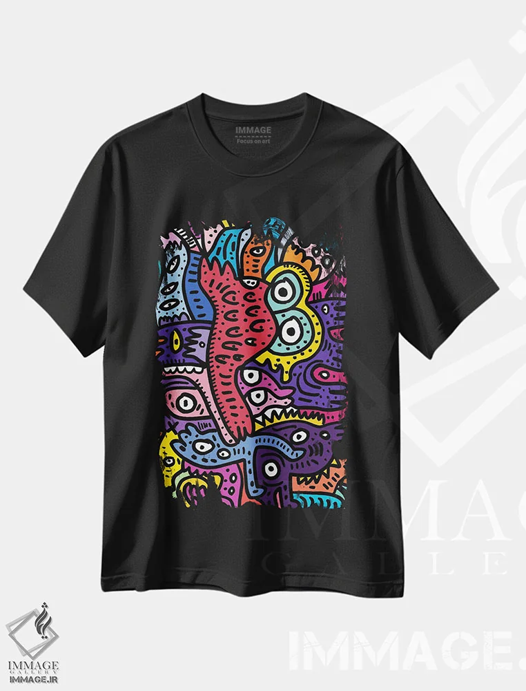 تیشرت مشکی طرح دار هیولاهای تابستانی گرافیتی، هنر دیجیتال اثر امانوئل سیگنورینو | immage.ir