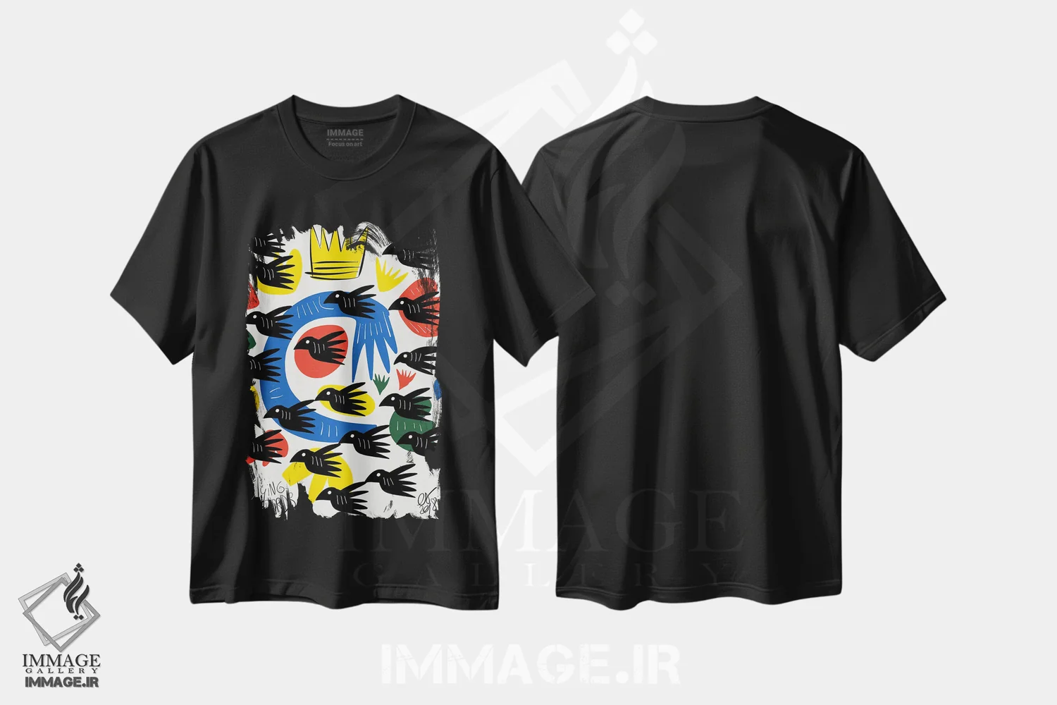 تیشرت مشکی طرح دار پرنده های در حال پرواز، هنر دیجیتال اثر امانوئل سیگنورینو | immage.ir