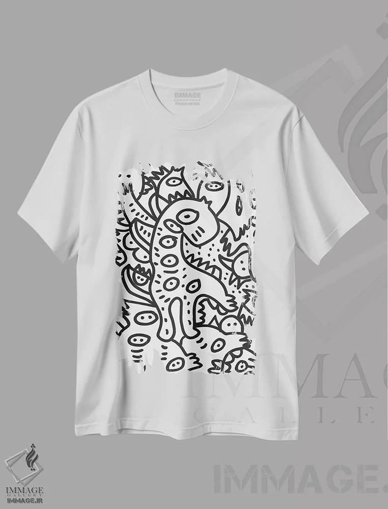 تیشرت سفید طرح دار دایناسور گرافیتی خفن، هنر دیجیتال اثر امانوئل سیگنورینو | فروشگاه ایماژ