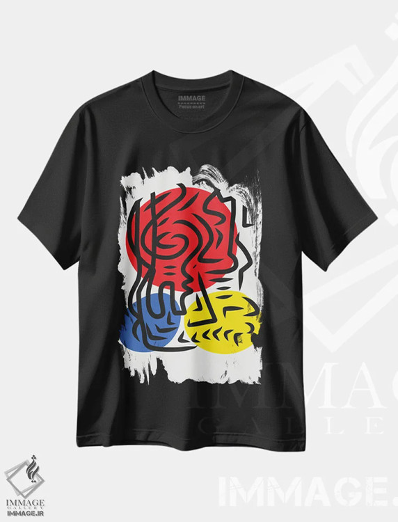 تیشرت مشکی طرح دار سه دایره قرمز آبی زرد و خطوط سیاه اثر امانوئل سیگنورینو | فروشگاه ایماژ