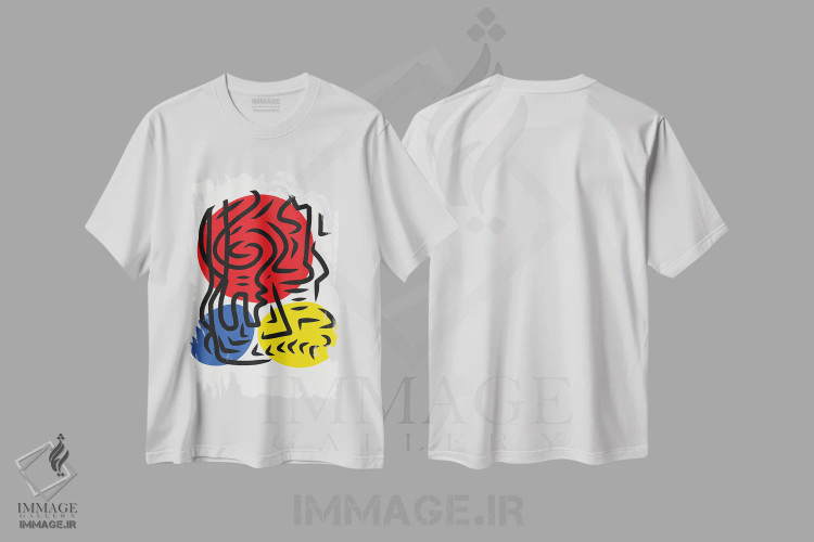 تیشرت سفید طرح دار سه دایره قرمز آبی زرد و خطوط سیاه اثر امانوئل سیگنورینو | immage.ir