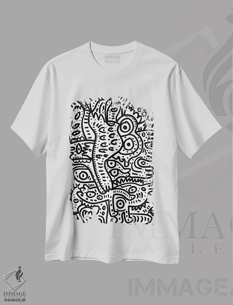 تیشرت سفید طرح دار هیولاهای تابستانی سیاه و سفید، هنر دیجیتال سیاه و سفید اثر امانوئل سیگنورینو | immage.ir